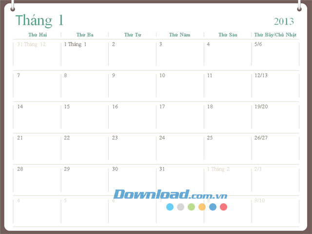 Thiết kế lịch 2013 (Thứ 2 - Chủ Nhật)