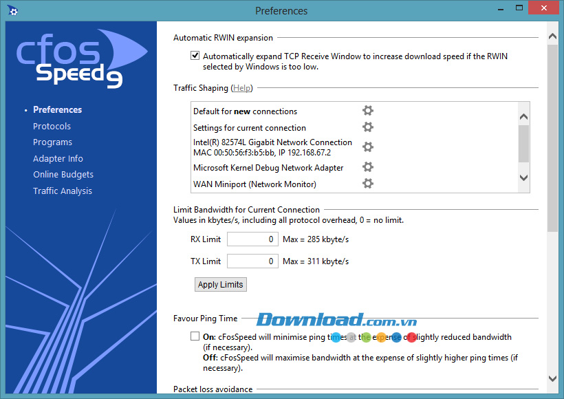 Settings của cFosSpeed 9.04