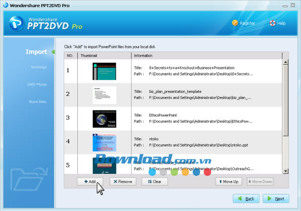 Nhập tập tin PowerPoint Wondershare PPT2DVD Pro