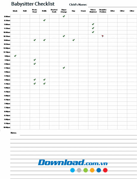 Giao diện mẫu Nhật ký chăm sóc trẻ