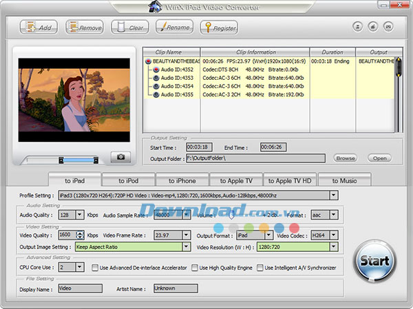 Chuyển đổi video HD và SD sang iPad WinX iPad Video Converter
