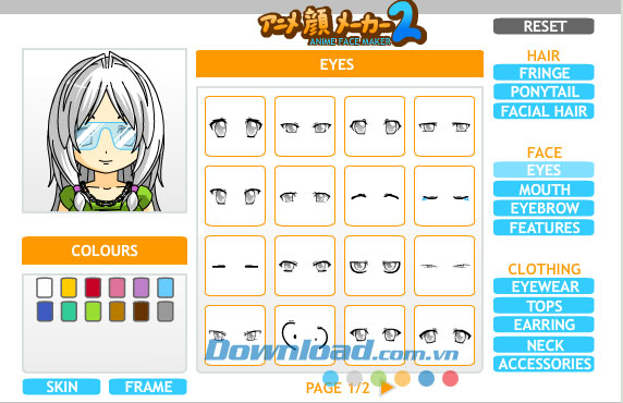 Chọn các hình mẫu và phụ kiện Anime Face Maker
