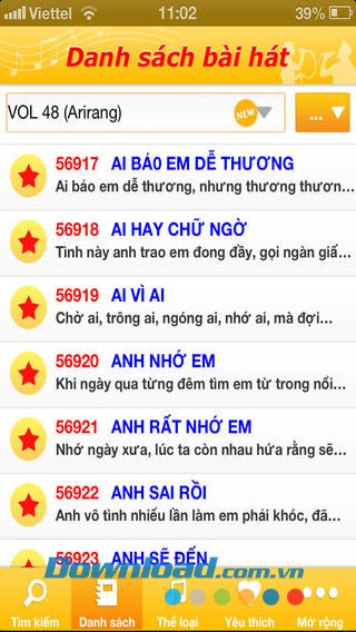 Danh sách bài hát Karaoke Viet Nam Arirang for Android
