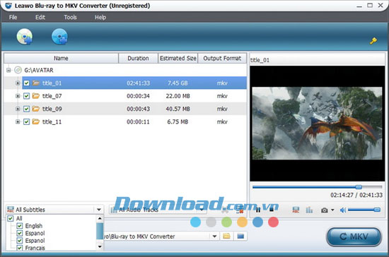 Lựa chọn phụ đề và track âm thanh Leawo Blu-ray to MKV Converter