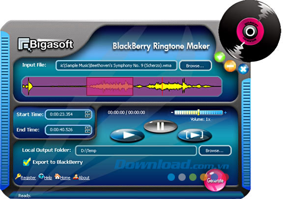 Giao diện chính Bigasoft BlackBerry Ringtone Maker