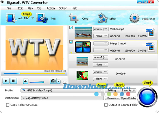 Chuyển đổi WTV sang AVI, MP4 Bigasoft WTV Converter