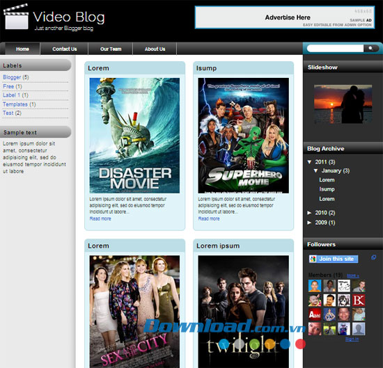 Giao diện mẫu Video Blog