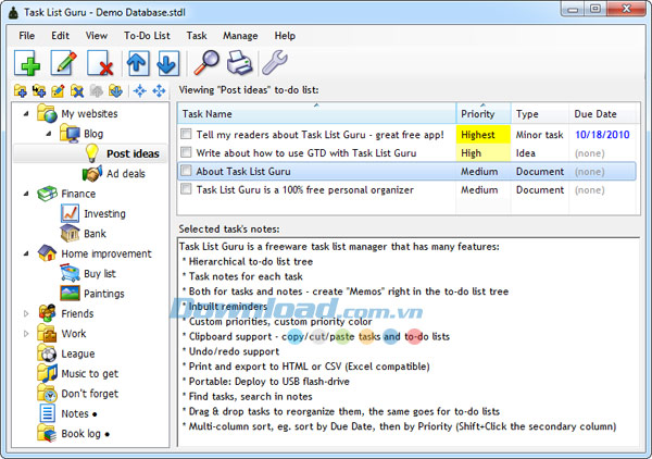 Giao diện chính Task List Guru