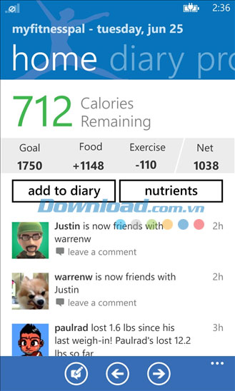 Bộ đếm calo MyFitnessPal for Windows Phone