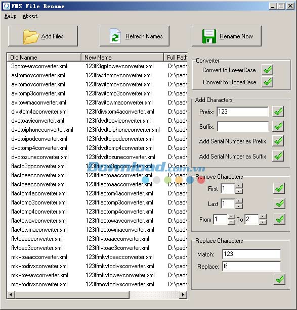 Giao diện chính FMS File Rename