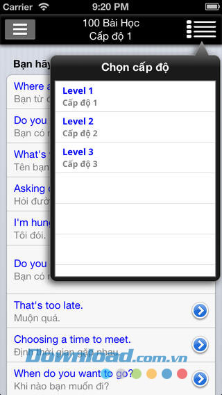 Chọn cấp độ Luyện nói tiếng Anh for iOS