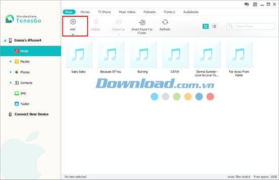 Nhập tập tin media Wondershare TunesGo