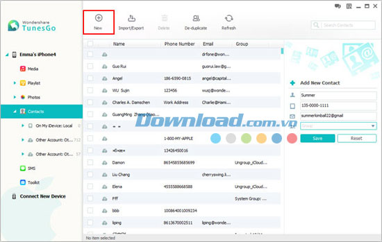 Thêm địa chỉ liên lạc mới Wondershare TunesGo