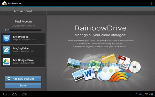 Quản lý tất cả các tài khoản đám mây RainbowDrive for Android