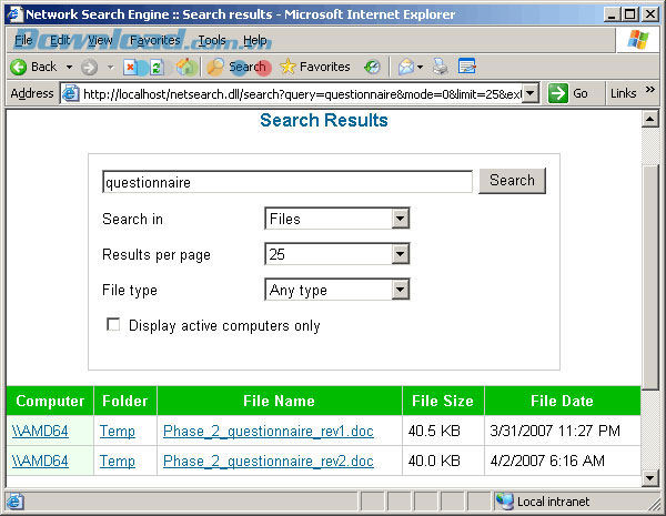 Giao diện kết quả tìm kiếm Network Search Engine