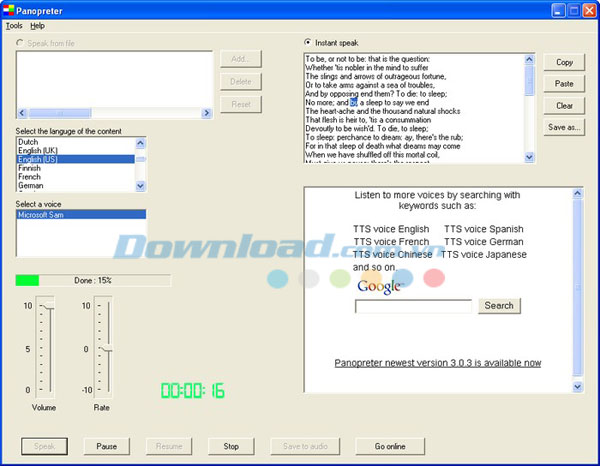 Đọc văn bản tùy chọn Panopreter Basic