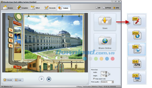 Xuất trình chiếu ảnh lên web Wondershare Flash Gallery Factory Standard