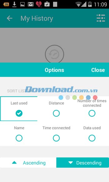 Các tùy chọn trong nút My History của WifiMapper 