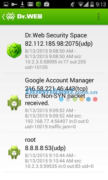 Dr.Web Security Space cung cấp các bản ghi