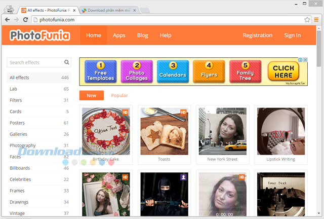 Giao diện trang chủ PhotoFunia Giao diện trang chủ PhotoFunia