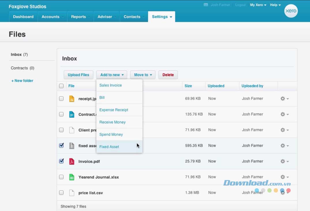 Giao diện Files Inbox trong Xero