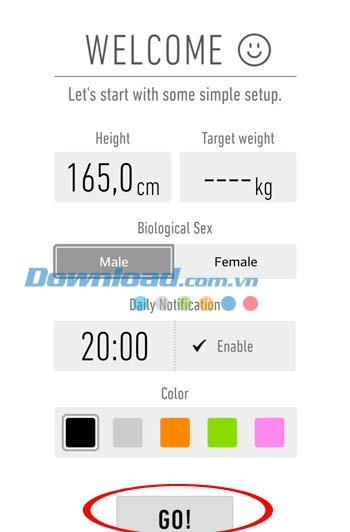 Giao diện khởi động ứng dụng Weight Loss Tracker