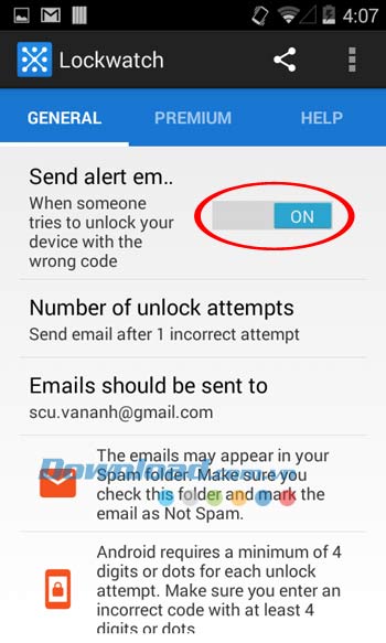 Giao diện ứng dụng Lockwatch khi được kích hoạt 