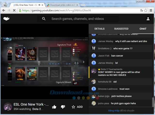 Giao diện YouTube Gaming khi phát trực tiếp