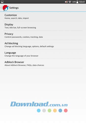 Các thiết lập cơ bản của Adblock Browser 