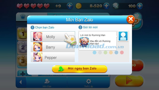 Mời bạn bè trên Zalo, Facebook cùng chơi game Running Man