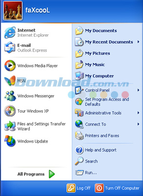 Chi tiết menu Start của Windows XP SP3