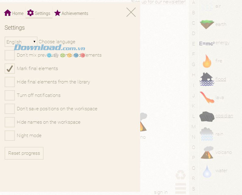 Các cài đặt trong Little Alchemy