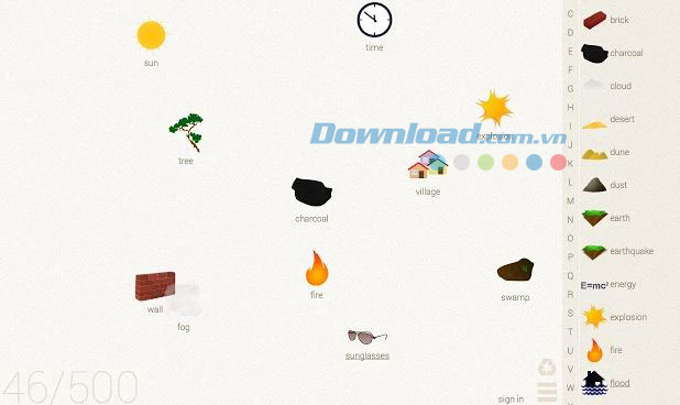 Giao diện đơn giản của Little Alchemy