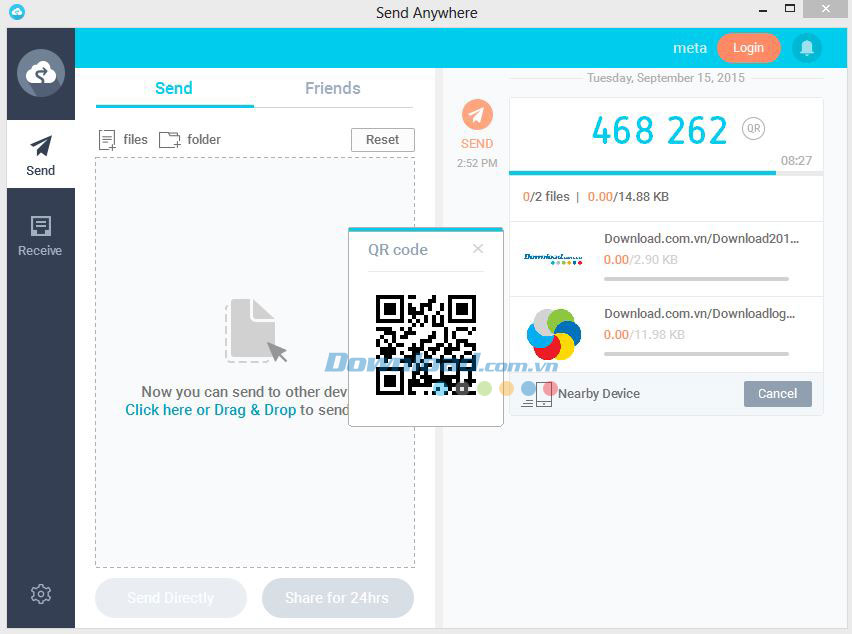 Dãy kí tự và mã QR của Send Anywhere