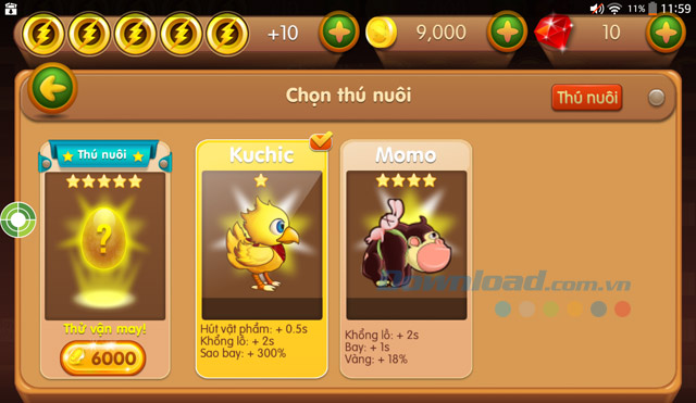 Chọn thú nuôi trong game Tia chớp