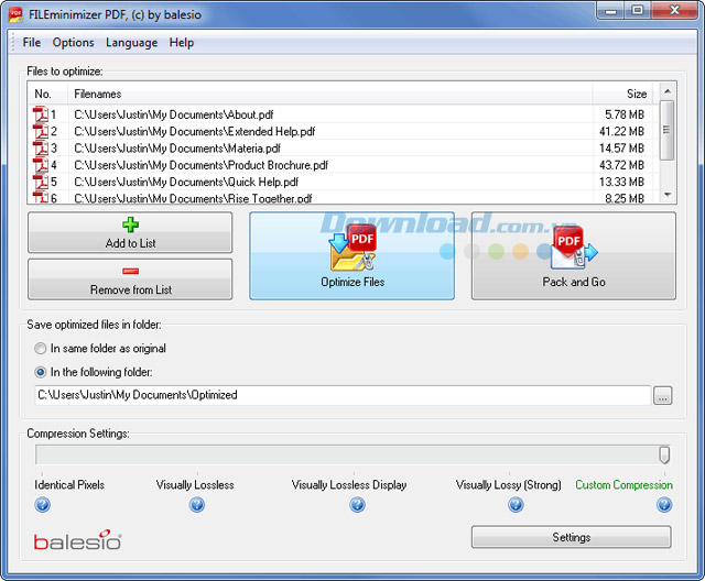 Giao diện chính của FILEminimizer PDF