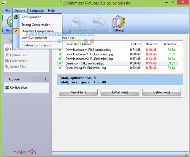 Các tùy chọn nén ảnh của FILEminimizer Pictures
