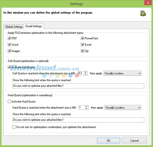 Các thiết lập của FILEminimizer Suite