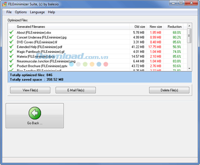 Giao diện FILEminimizer Suite sau khi nén xong