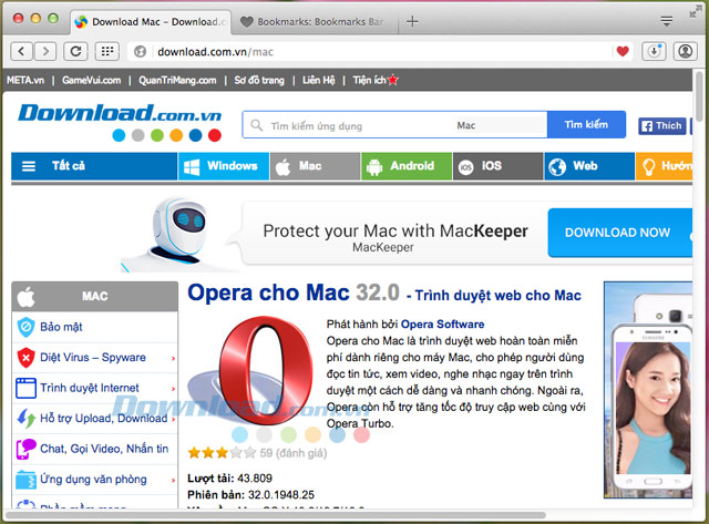 Giao diện trình duyệt Opera cho Mac