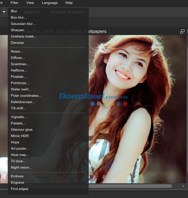 Nút Filter của Pixlr Editor Online 