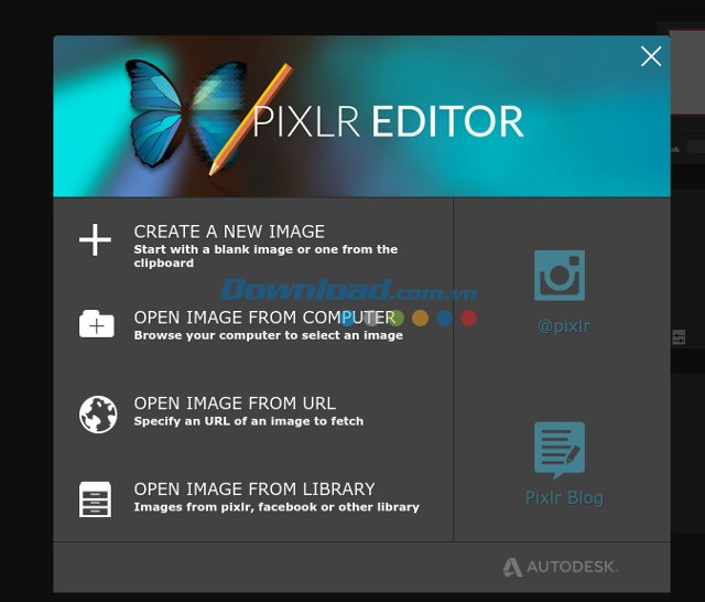 Các tùy chọn chính trên giao diện của Pixlr Editor