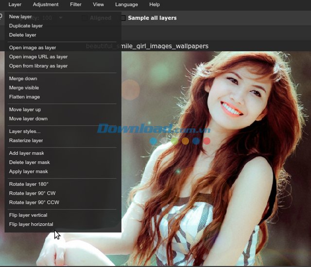 Các tùy chọn của Layer trên Pixlr 