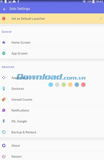 Các cài đặt chính của Solo Launcher