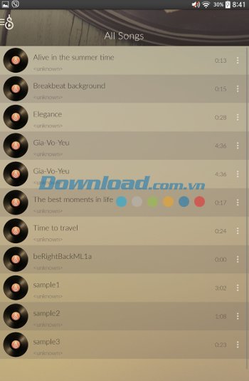 Solo Music Player hiển thị tất cả các bài hát trên thiết bị 