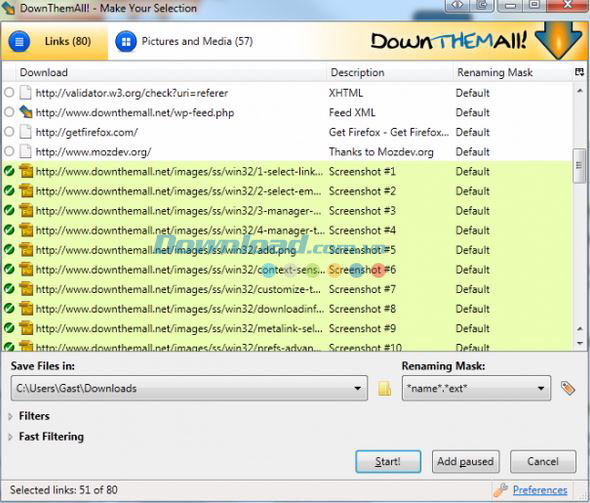 Danh sách file đang tải của DownloadThemAll