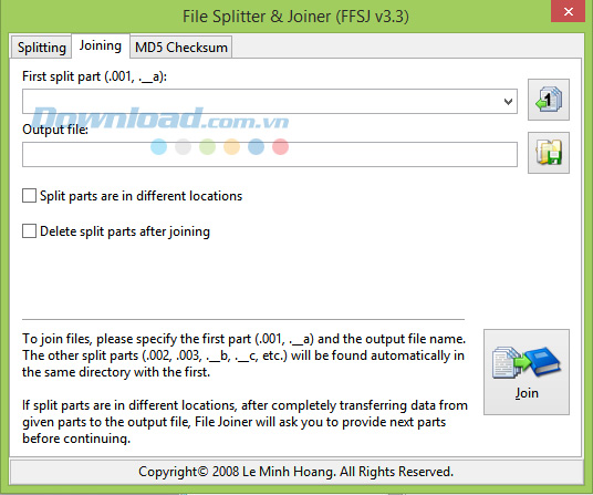 FFSJ: Phần mềm chia và ghép file nhanh nhất, an toàn và miễn phí. https://st.download.com.vn/data/image/2015/09/24/File-Splitter-Joiner.jpg