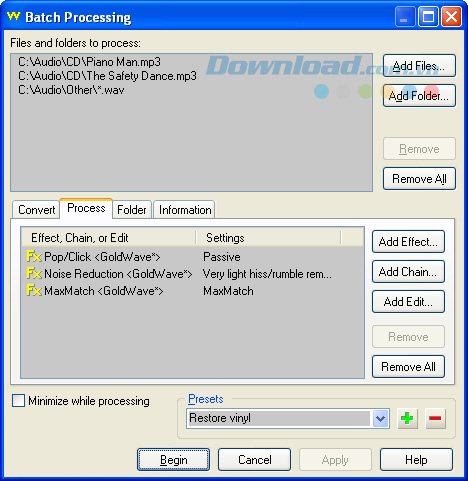 Tính năng xử lý hàng loạt của GoldWave