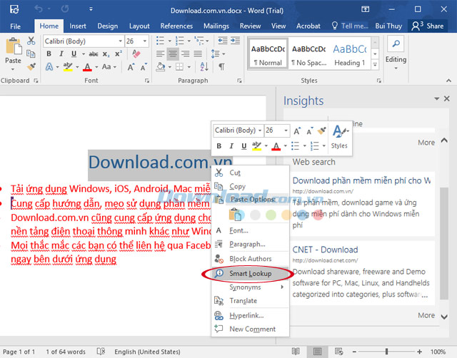 Tính năng Smart Lookup trên Word 2016
