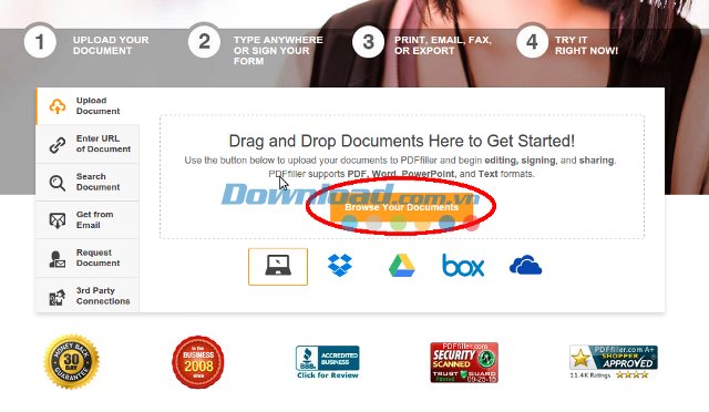 Giao diện trang web PDFfiller